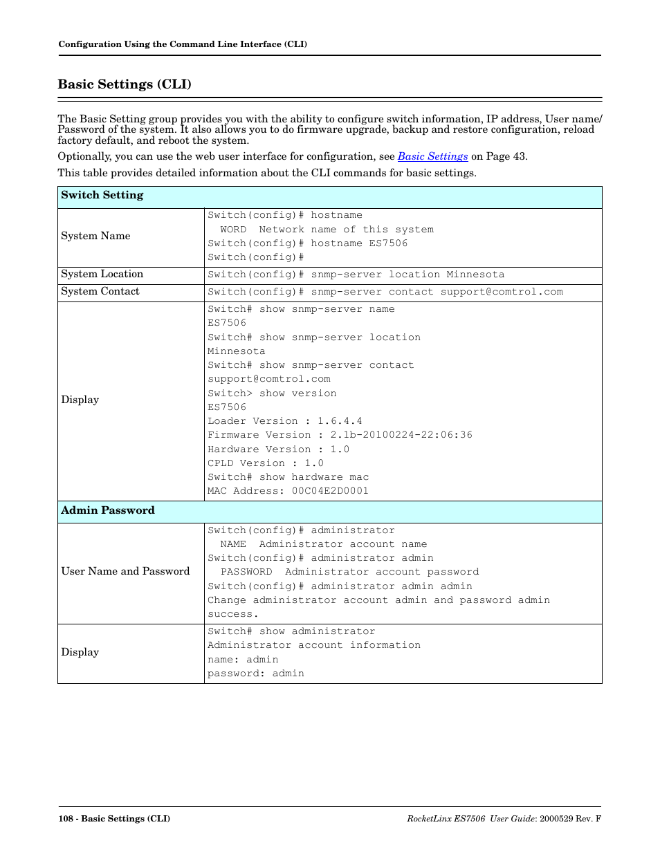 Basic settings (cli) | Comtrol ES7506 User Manual | Page 108 / 158