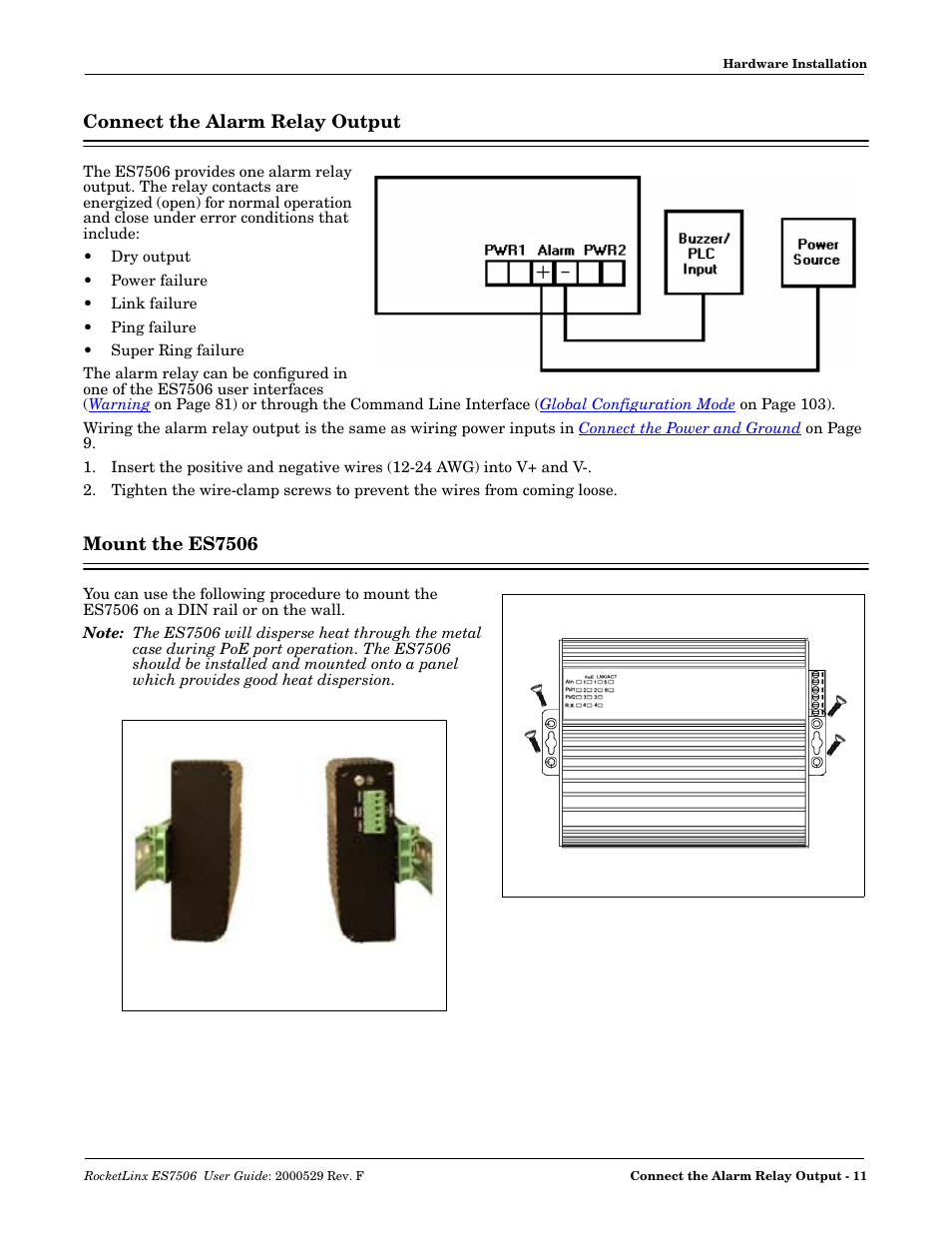 Connect the alarm relay output, Mount the es7506, Connect the alarm relay output mount the es7506 | Comtrol ES7506 User Manual | Page 11 / 158