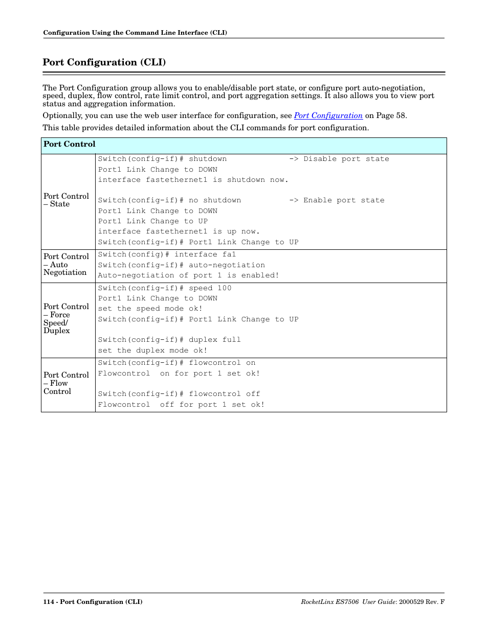 Port configuration (cli) | Comtrol ES7506 User Manual | Page 114 / 158