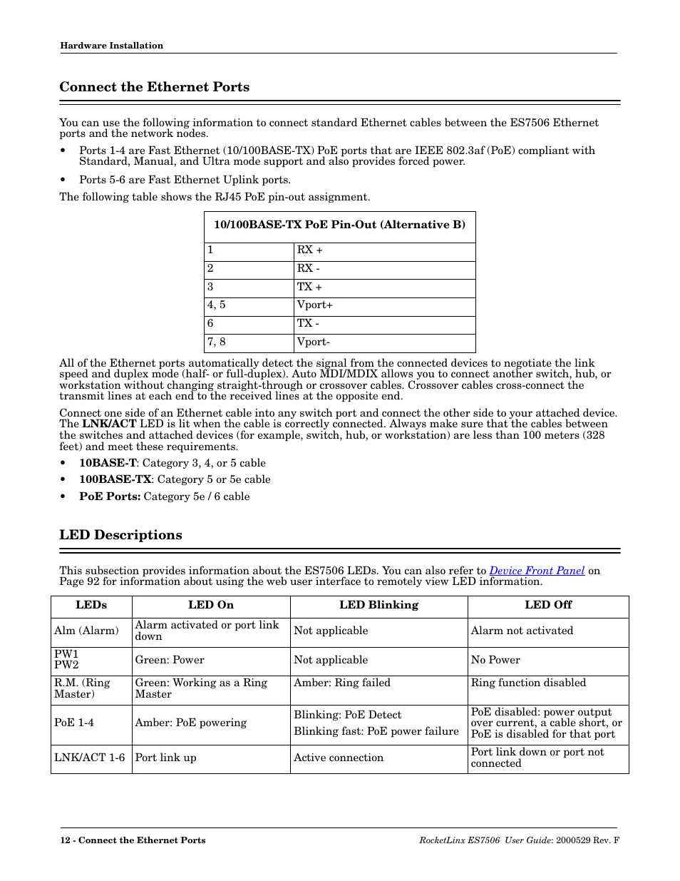 Connect the ethernet ports, Led descriptions, Connect the ethernet ports led descriptions | Comtrol ES7506 User Manual | Page 12 / 158