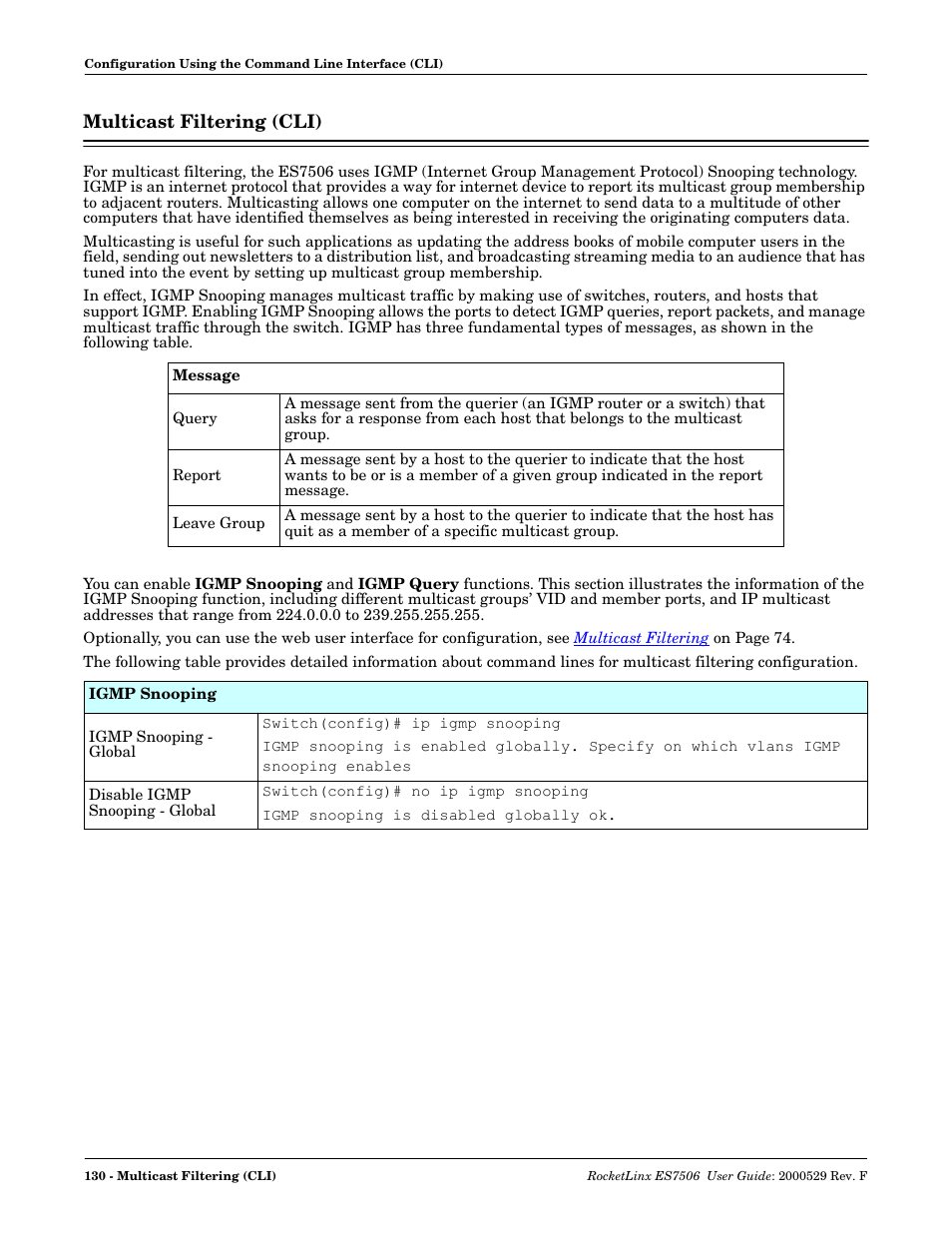 Multicast filtering (cli) | Comtrol ES7506 User Manual | Page 130 / 158