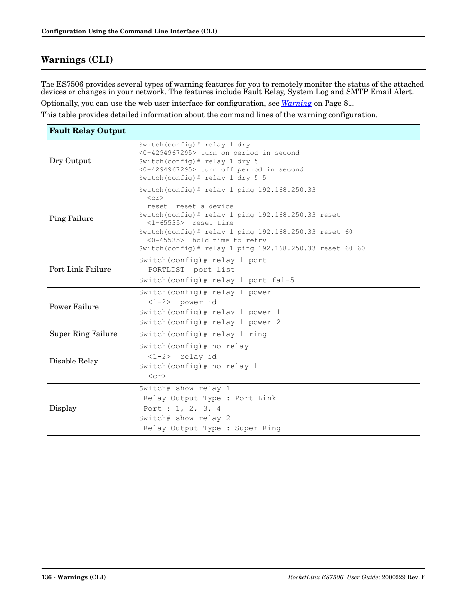 Warnings (cli) | Comtrol ES7506 User Manual | Page 136 / 158
