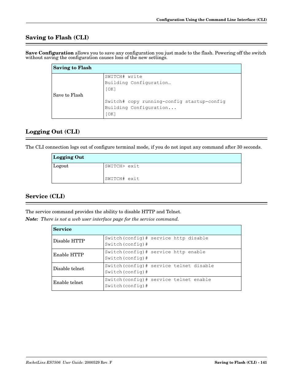 Saving to flash (cli), Logging out (cli), Service (cli) | Comtrol ES7506 User Manual | Page 141 / 158