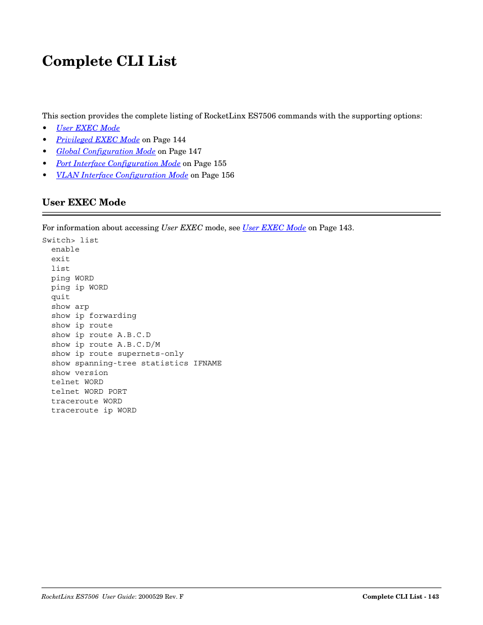 Complete cli list, User exec mode | Comtrol ES7506 User Manual | Page 143 / 158