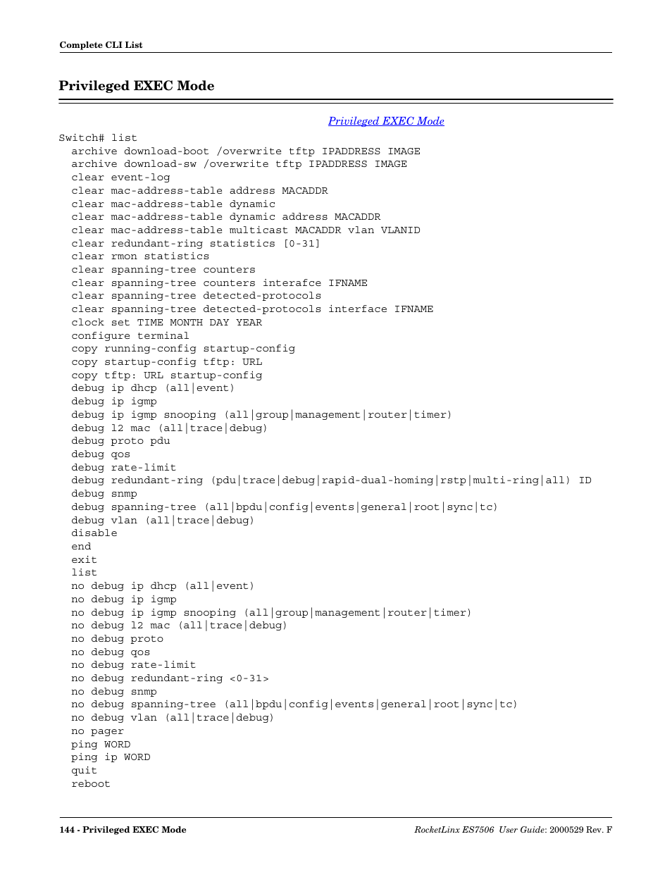 Privileged exec mode | Comtrol ES7506 User Manual | Page 144 / 158