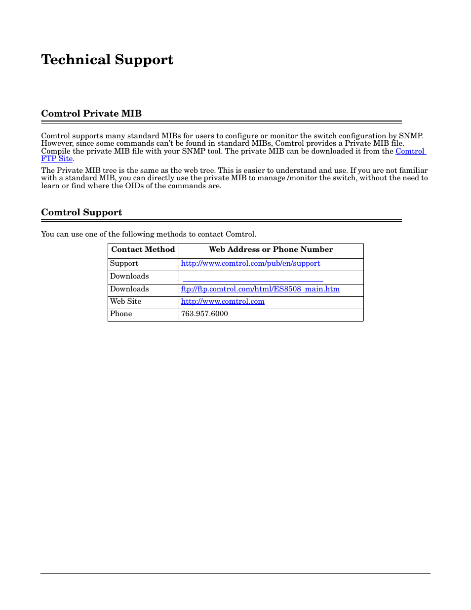 Technical support, Comtrol private mib, Comtrol support | Comtrol private mib comtrol support | Comtrol ES7506 User Manual | Page 157 / 158