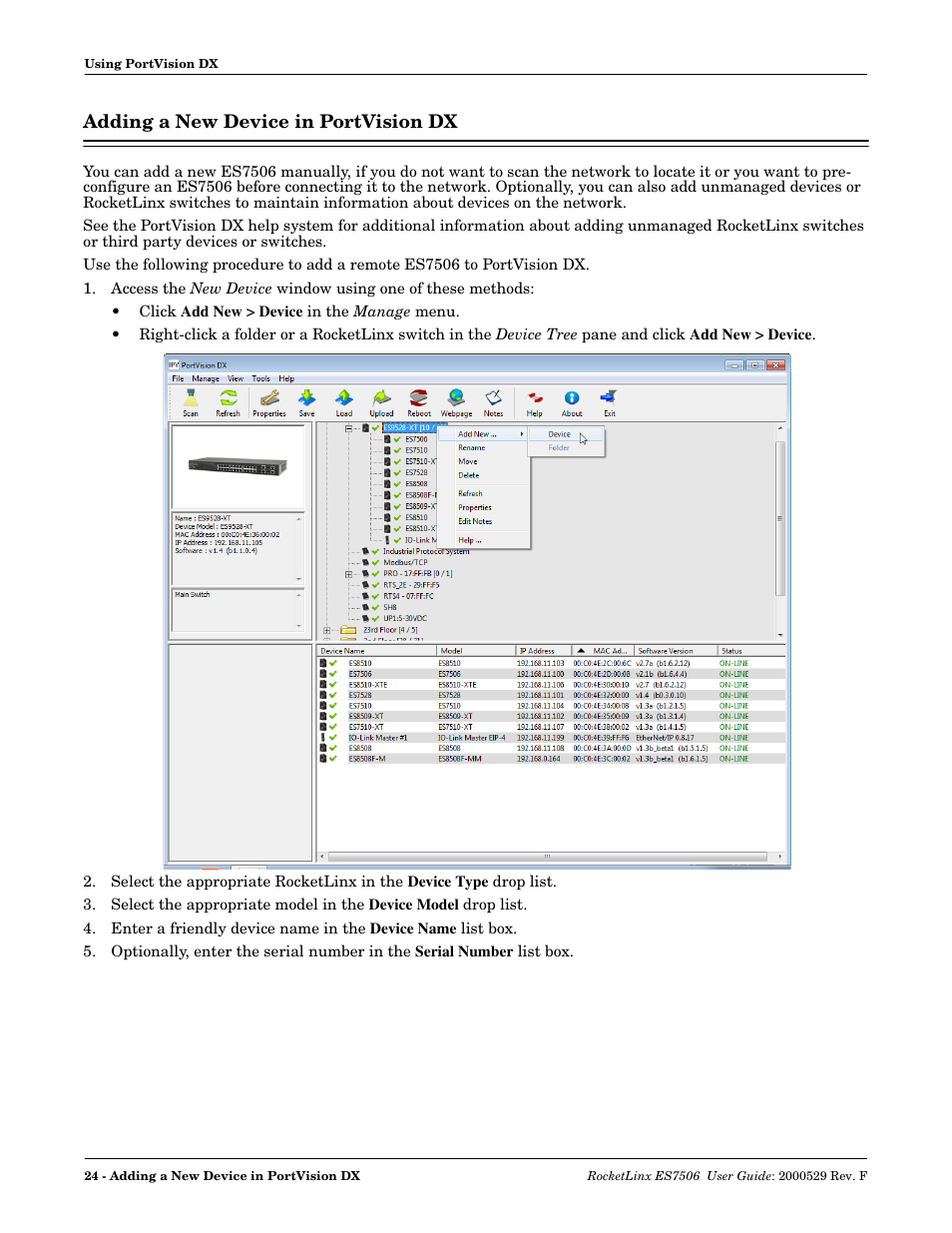 Adding a new device in portvision dx | Comtrol ES7506 User Manual | Page 24 / 158