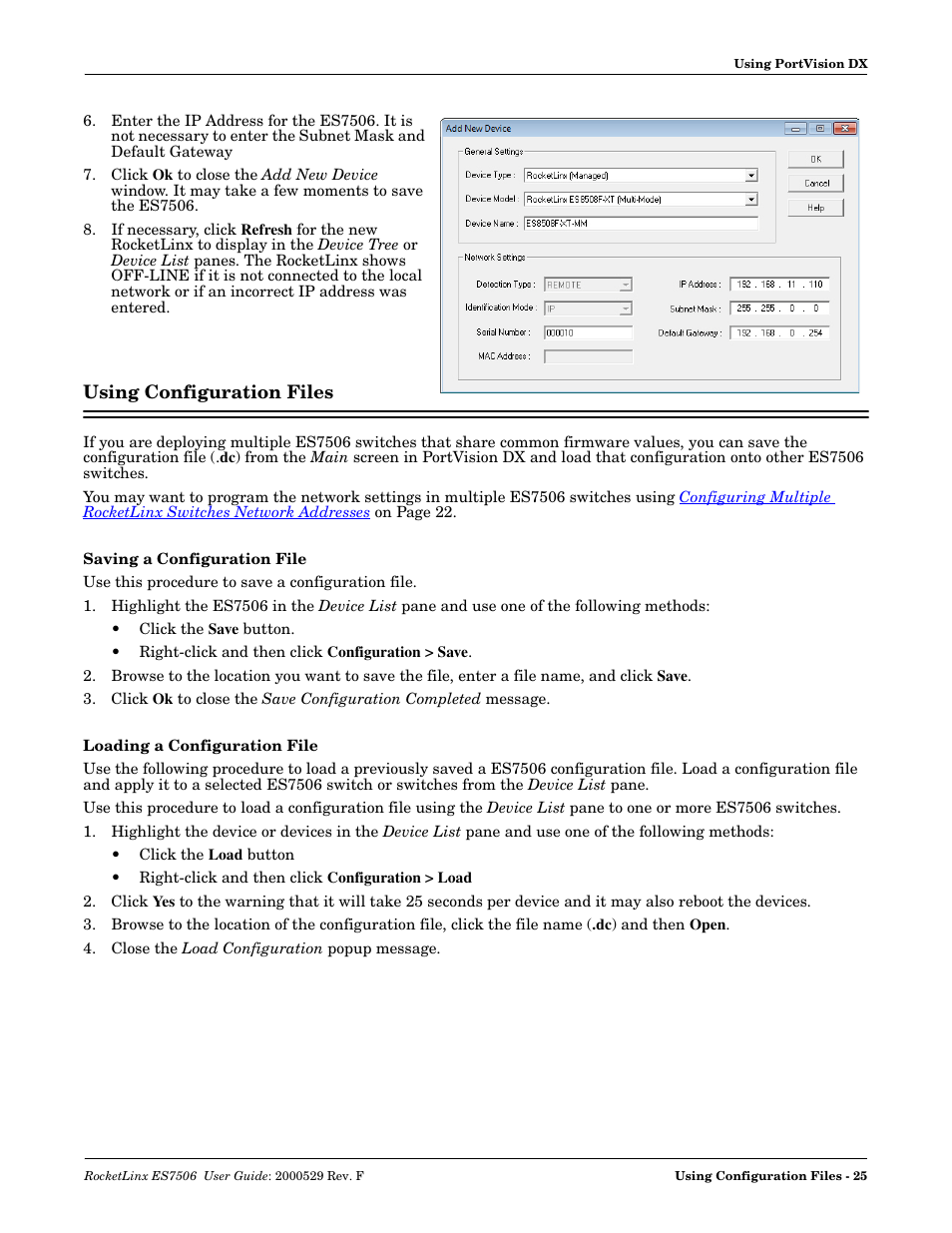 Using configuration files, Saving a configuration file, Loading a configuration file | Using configuration, Files | Comtrol ES7506 User Manual | Page 25 / 158