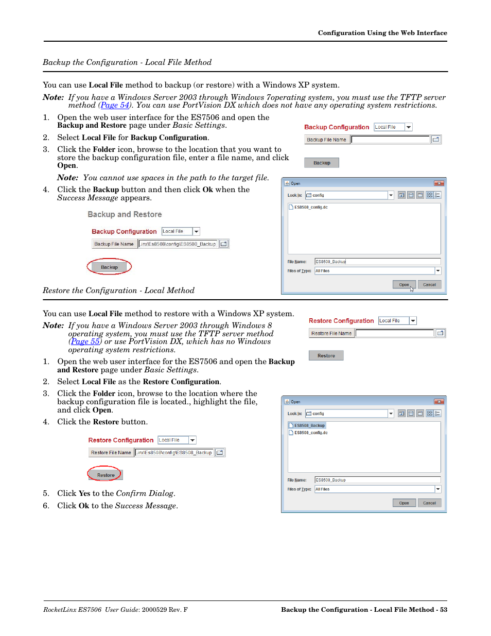 Backup the configuration - local file method, Restore the configuration - local method, Restore the | Configuration - local method | Comtrol ES7506 User Manual | Page 53 / 158