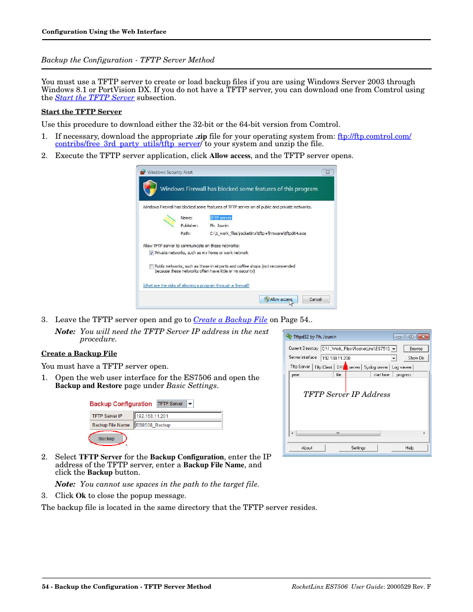 Backup the configuration - tftp server method, Backup the configuration - tftp, Server method | Backup the, Configuration - tftp server method | Comtrol ES7506 User Manual | Page 54 / 158