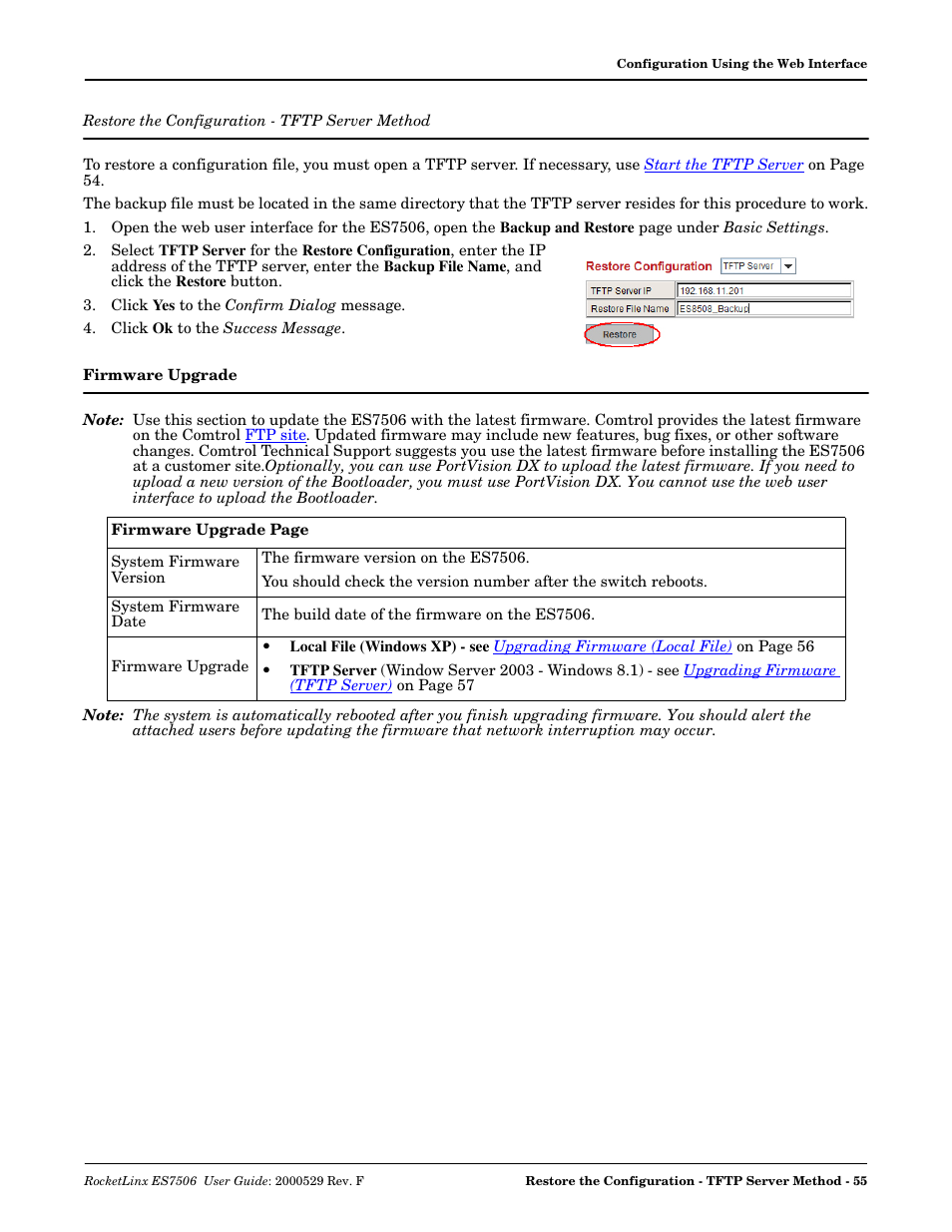 Restore the configuration - tftp server method, Firmware upgrade, Restore the configuration - tftp server | Method | Comtrol ES7506 User Manual | Page 55 / 158