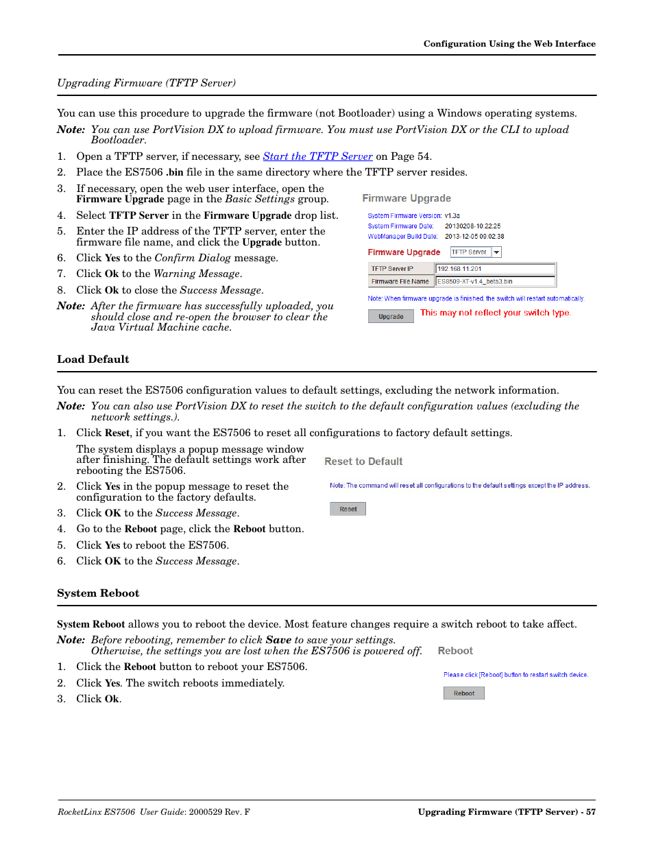 Upgrading firmware (tftp server), Load default, System reboot | Load default system reboot, Upgrading firmware, Tftp server) | Comtrol ES7506 User Manual | Page 57 / 158