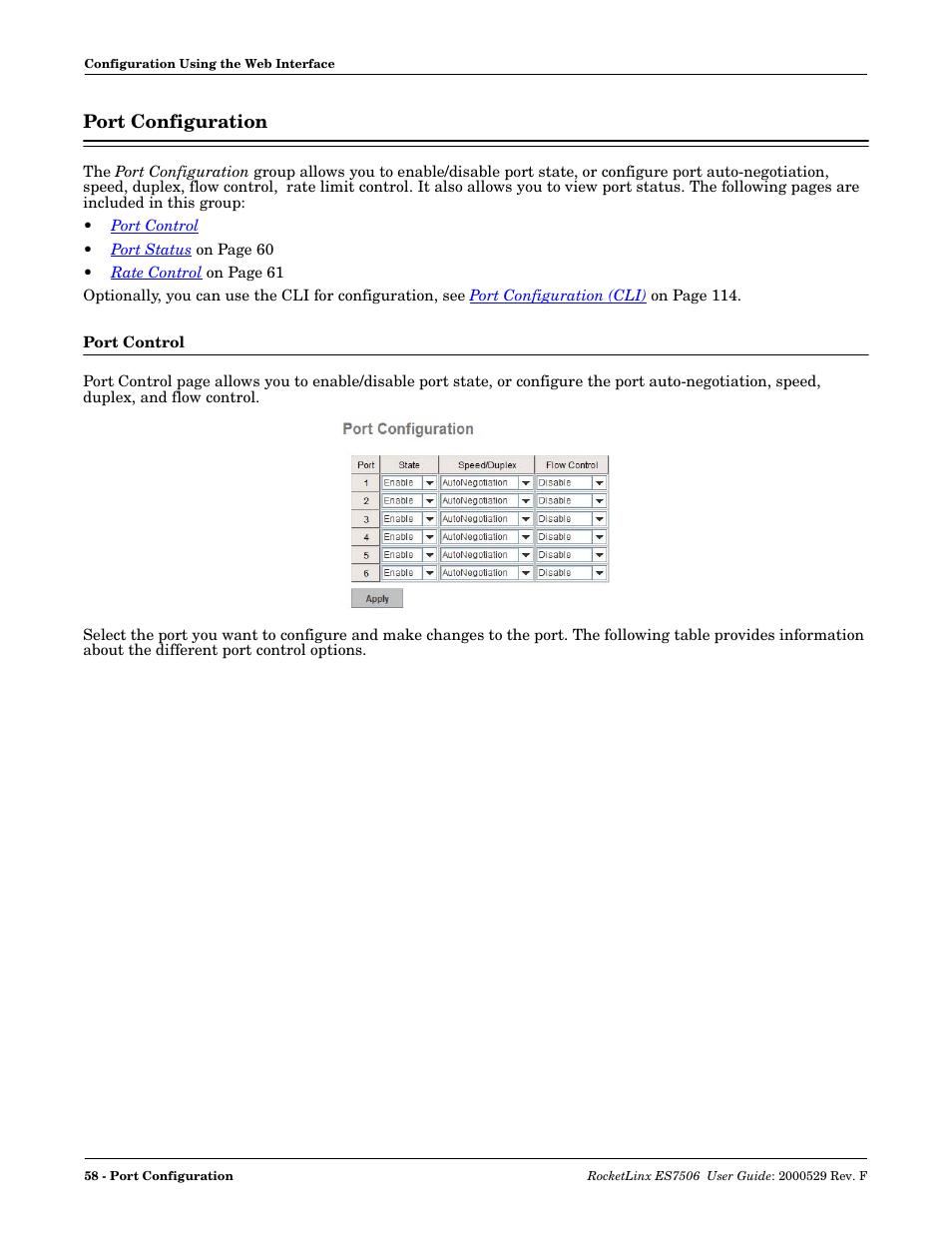 Port configuration, Port control | Comtrol ES7506 User Manual | Page 58 / 158