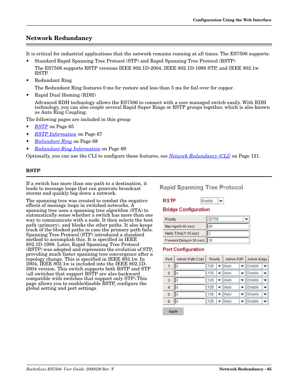 Network redundancy, Rstp | Comtrol ES7506 User Manual | Page 65 / 158