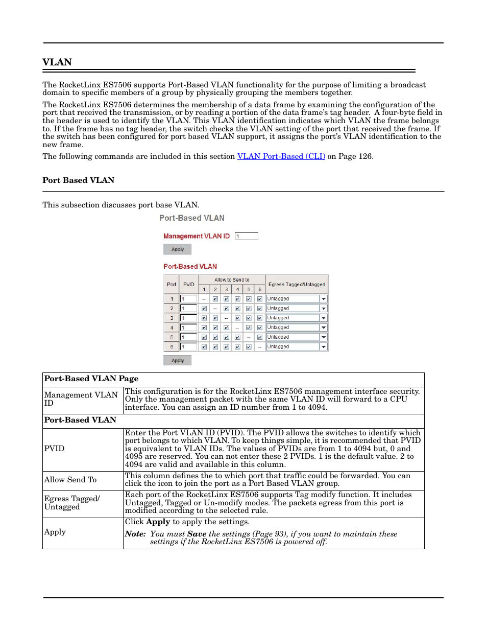 Vlan, Port based vlan | Comtrol ES7506 User Manual | Page 70 / 158