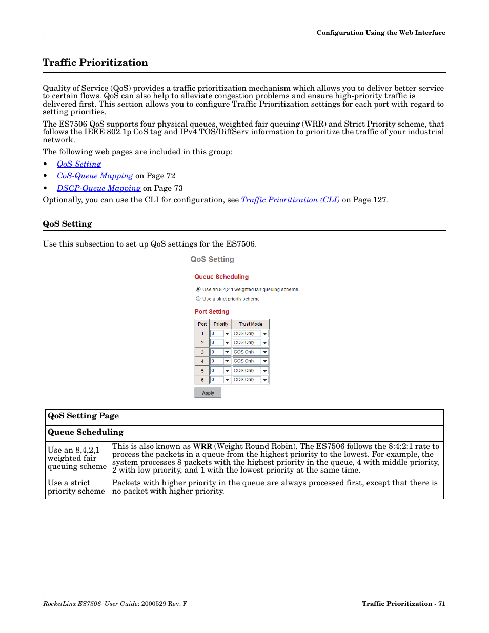 Traffic prioritization, Qos setting | Comtrol ES7506 User Manual | Page 71 / 158