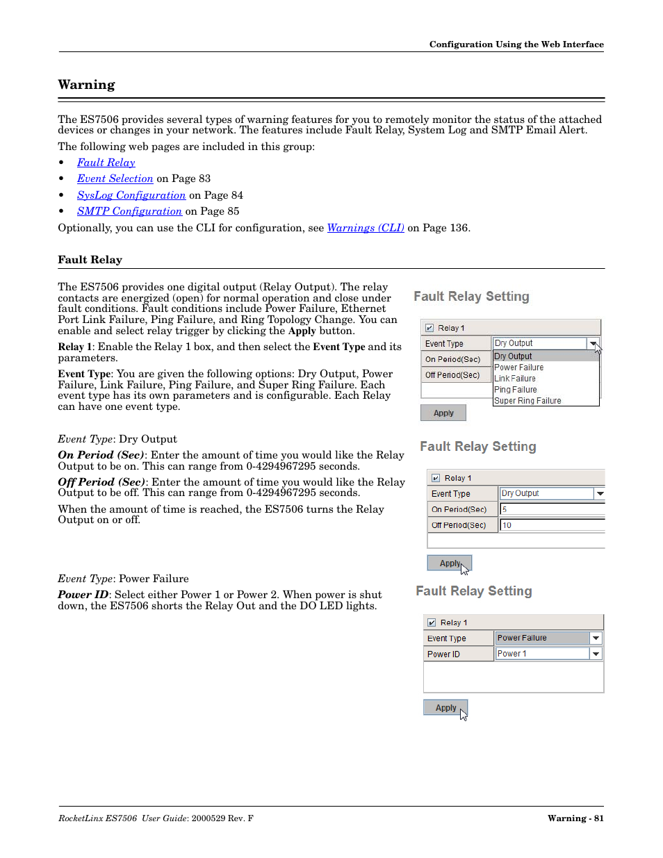 Warning, Fault relay | Comtrol ES7506 User Manual | Page 81 / 158