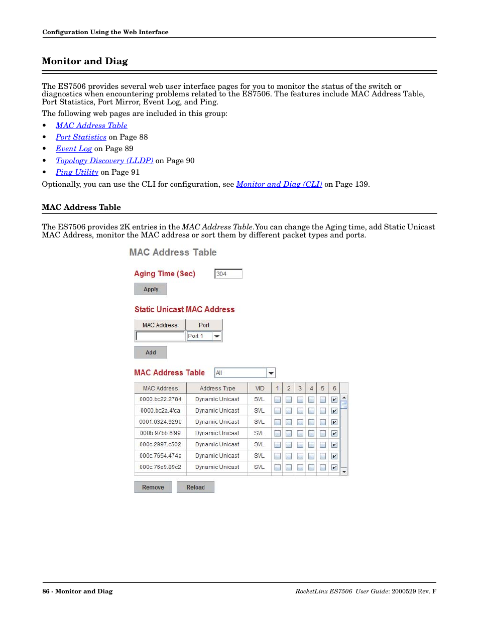 Monitor and diag, Mac address table | Comtrol ES7506 User Manual | Page 86 / 158