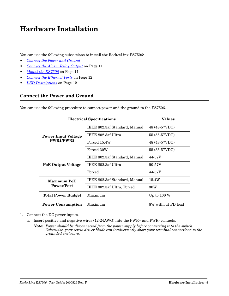 Hardware installation, Connect the power and ground | Comtrol ES7506 User Manual | Page 9 / 158