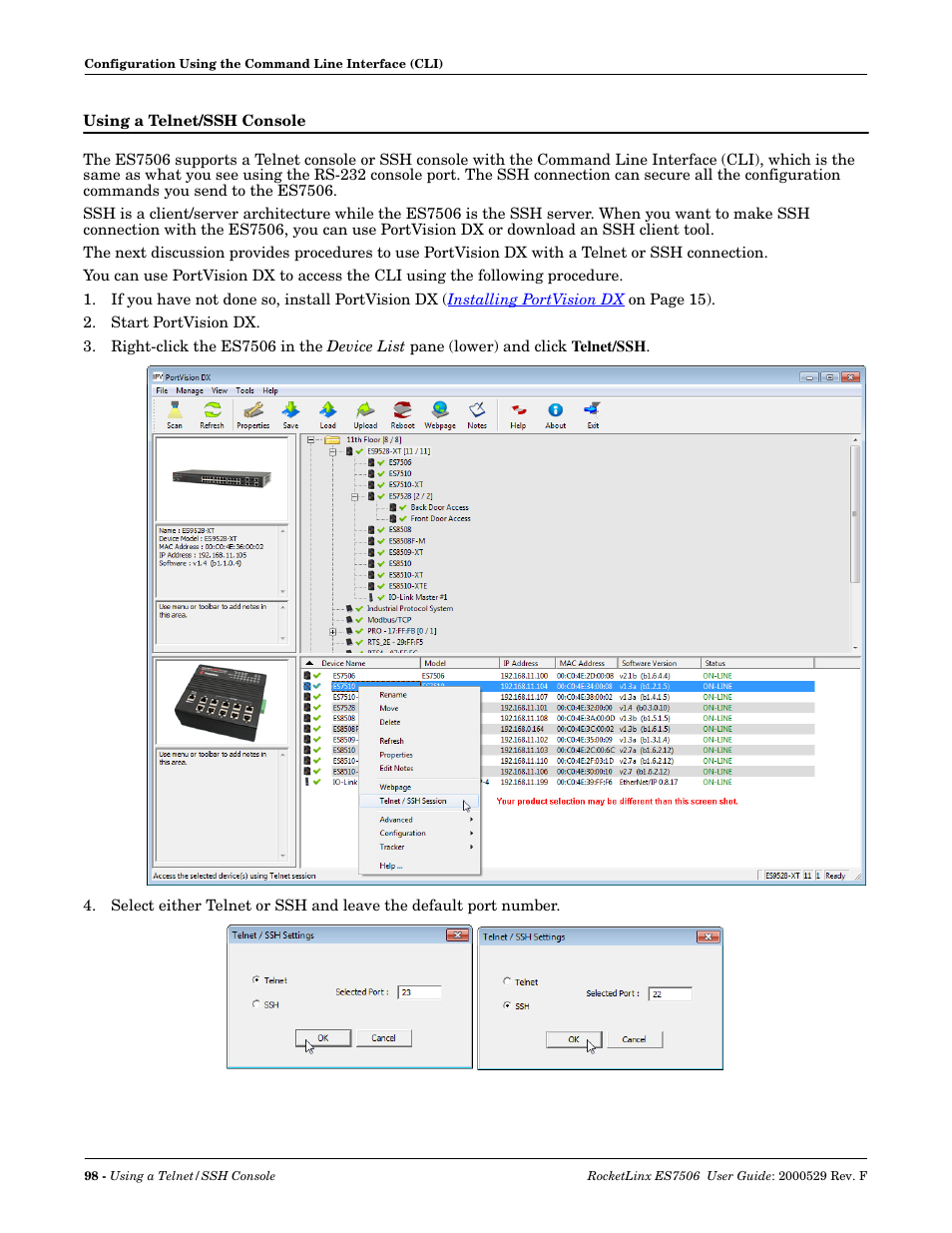 Using a telnet/ssh console, Procedure on | Comtrol ES7506 User Manual | Page 98 / 158