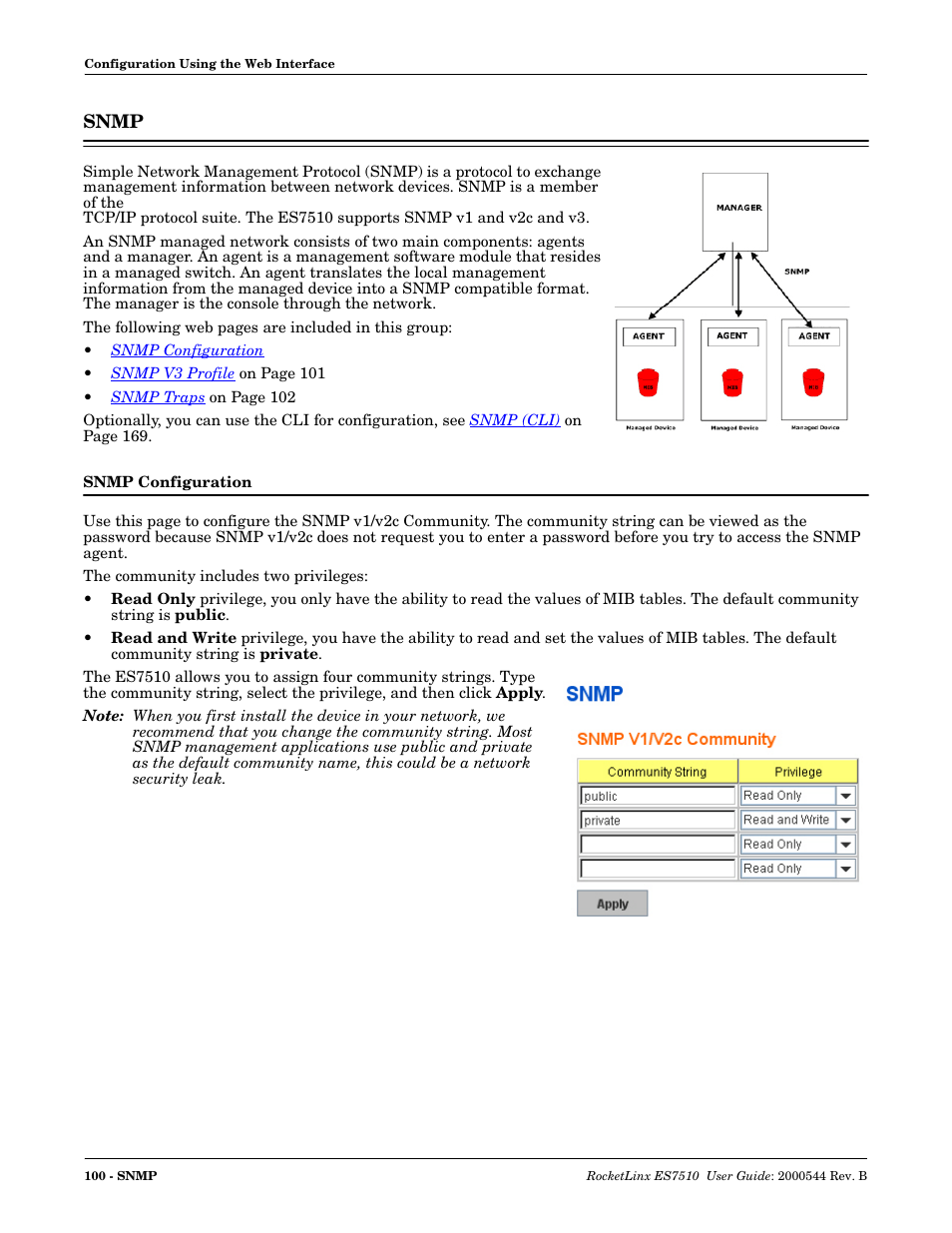 Snmp, Snmp configuration | Comtrol ES7510 User Manual | Page 100 / 202