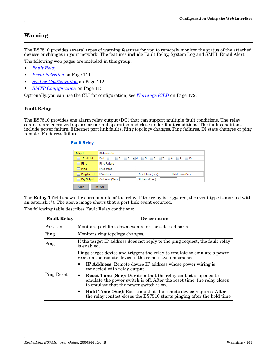 Warning, Fault relay | Comtrol ES7510 User Manual | Page 109 / 202