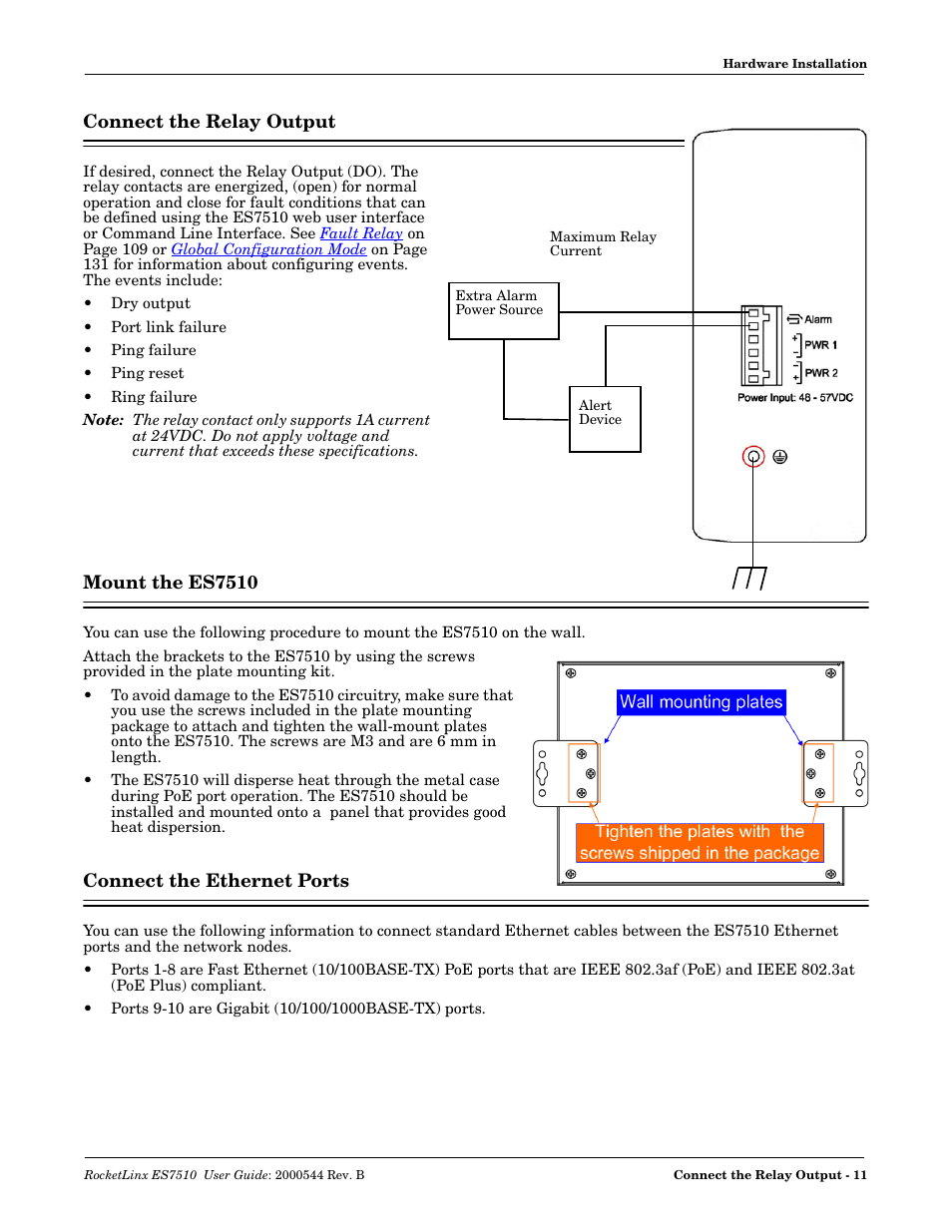 Connect the relay output, Mount the es7510, Connect the ethernet ports | Comtrol ES7510 User Manual | Page 11 / 202
