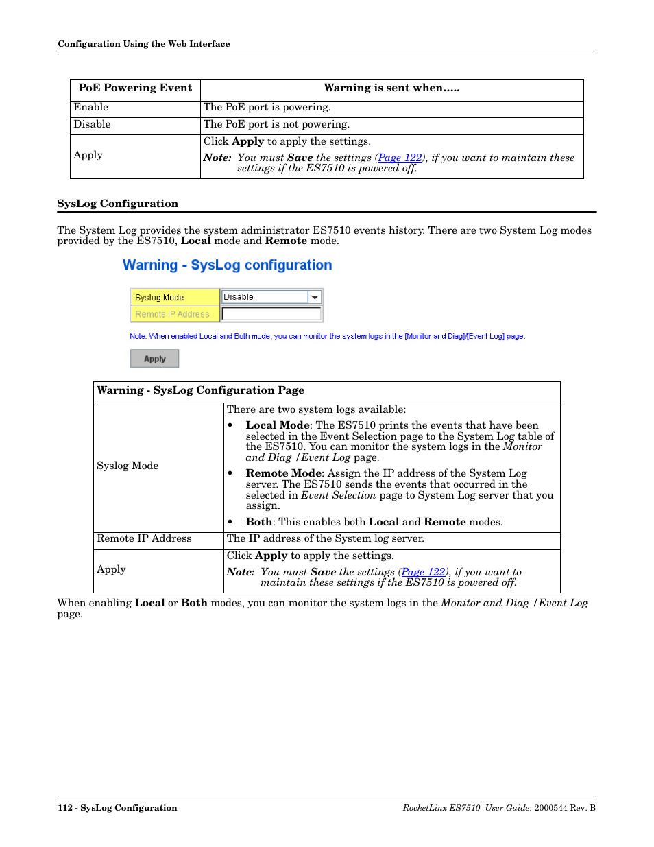 Syslog configuration, Syslog, Configuration | Comtrol ES7510 User Manual | Page 112 / 202