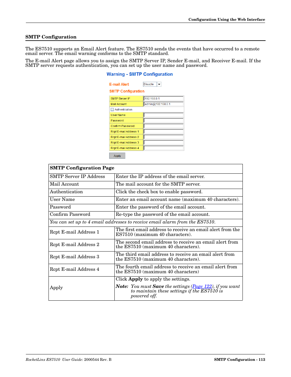 Smtp configuration | Comtrol ES7510 User Manual | Page 113 / 202