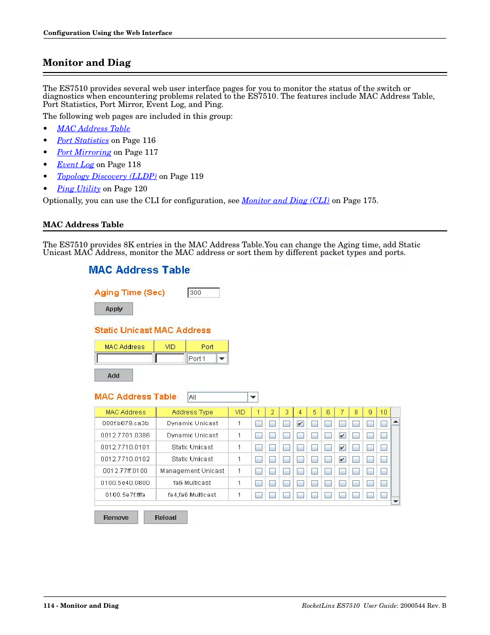 Monitor and diag, Mac address table | Comtrol ES7510 User Manual | Page 114 / 202