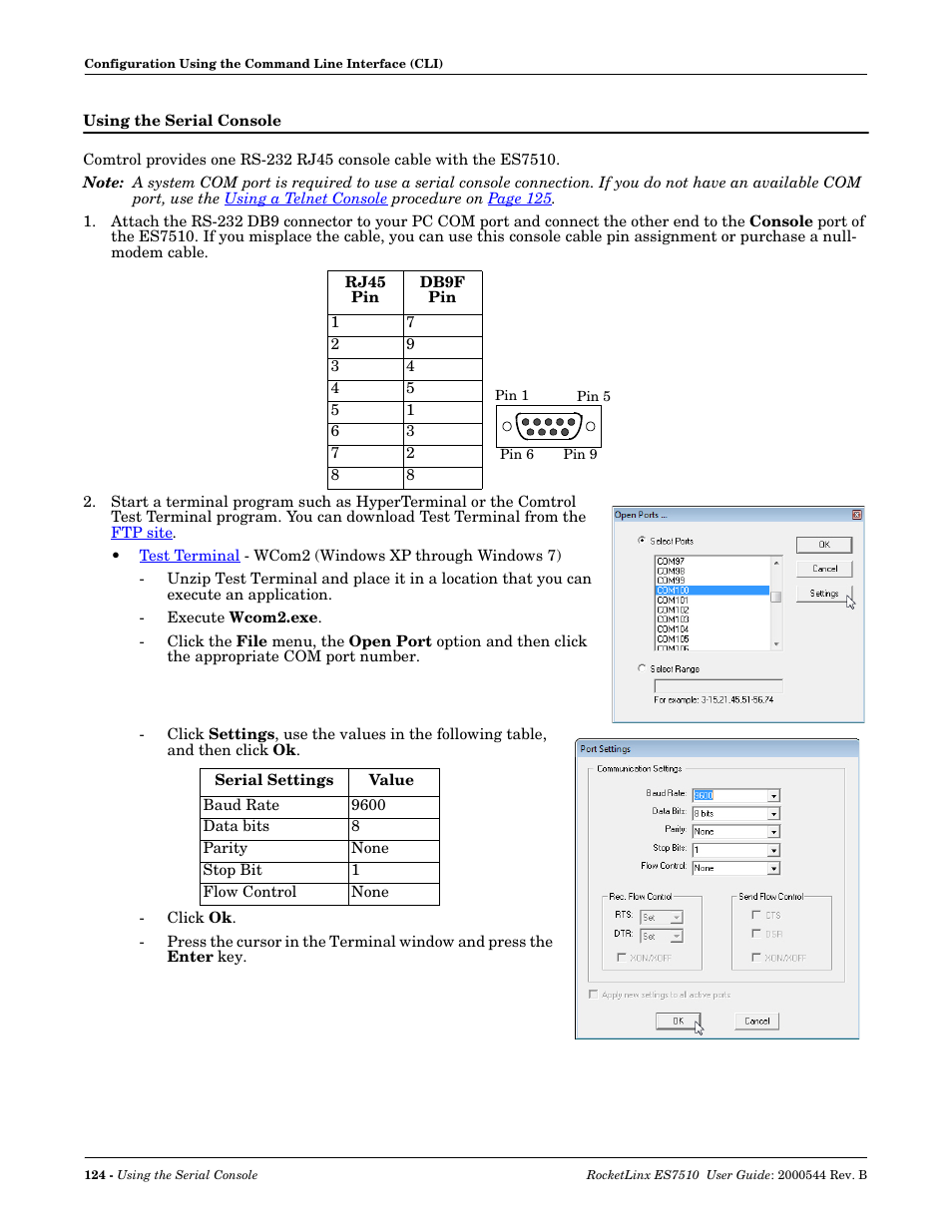 Using the serial console | Comtrol ES7510 User Manual | Page 124 / 202