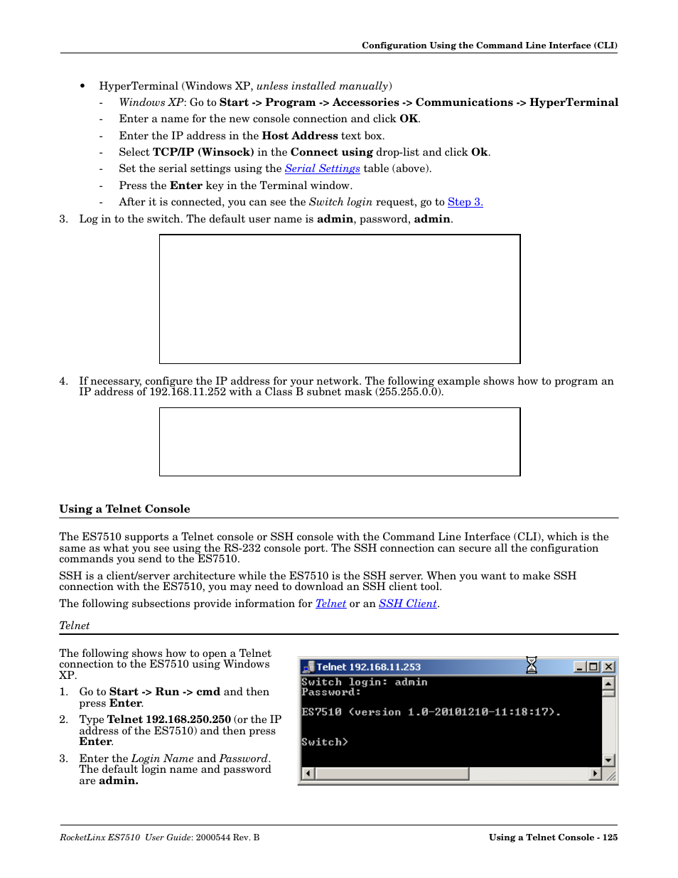 Using a telnet console, Telnet | Comtrol ES7510 User Manual | Page 125 / 202