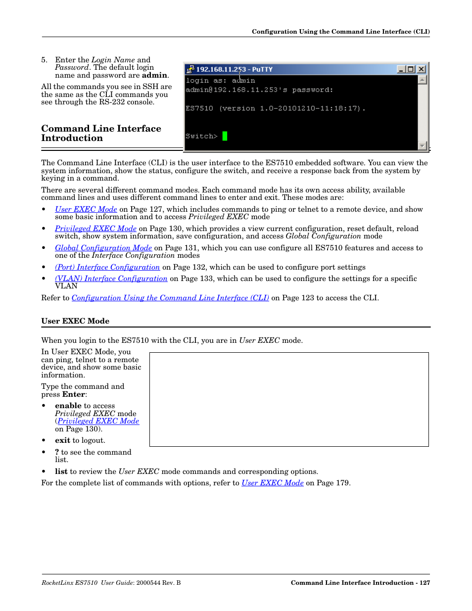 Command line interface introduction, User exec mode | Comtrol ES7510 User Manual | Page 127 / 202