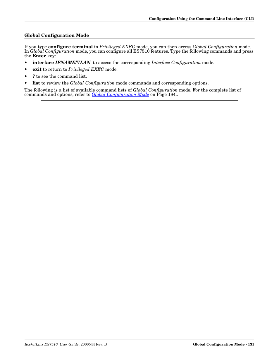 Global configuration mode, 131 fo | Comtrol ES7510 User Manual | Page 131 / 202