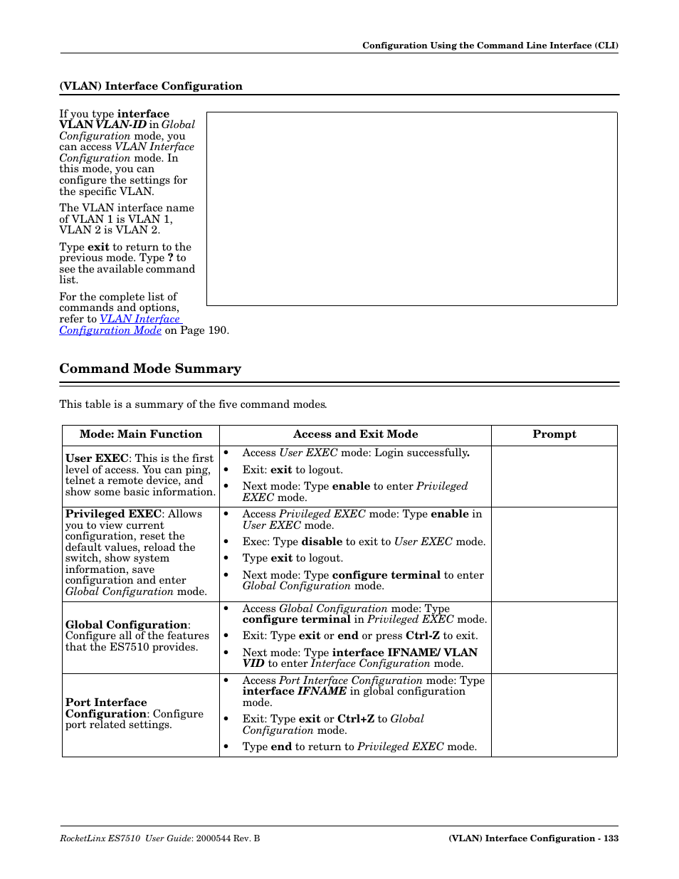 Vlan) interface configuration, Command mode summary | Comtrol ES7510 User Manual | Page 133 / 202