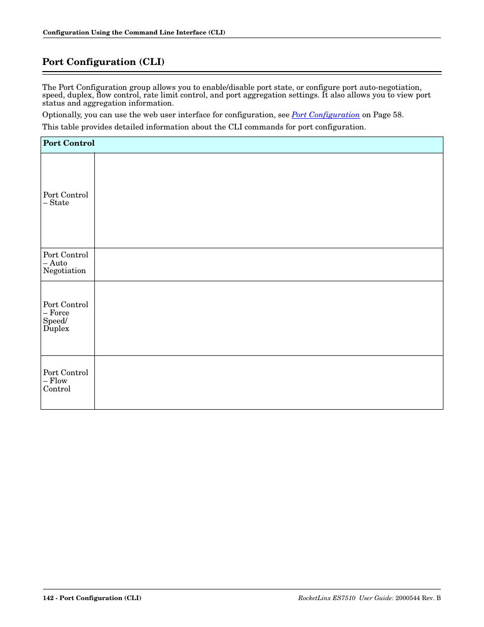 Port configuration (cli) | Comtrol ES7510 User Manual | Page 142 / 202