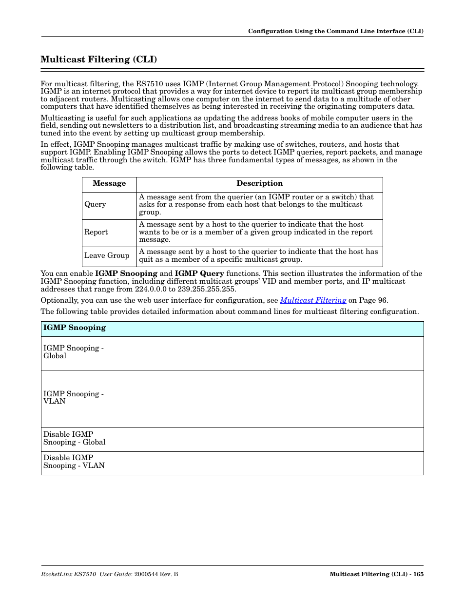 Multicast filtering (cli) | Comtrol ES7510 User Manual | Page 165 / 202