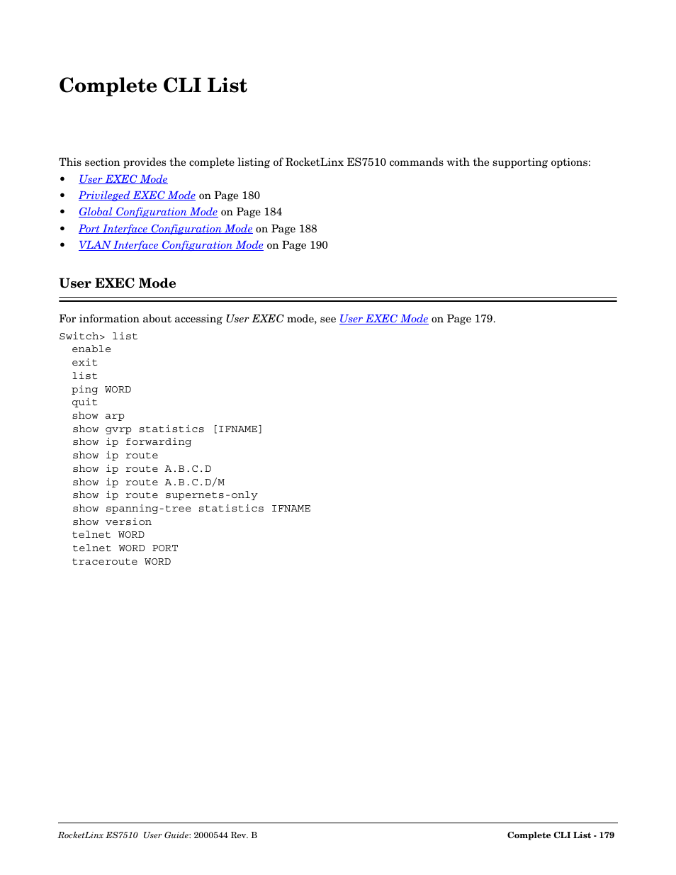 Complete cli list, User exec mode | Comtrol ES7510 User Manual | Page 179 / 202
