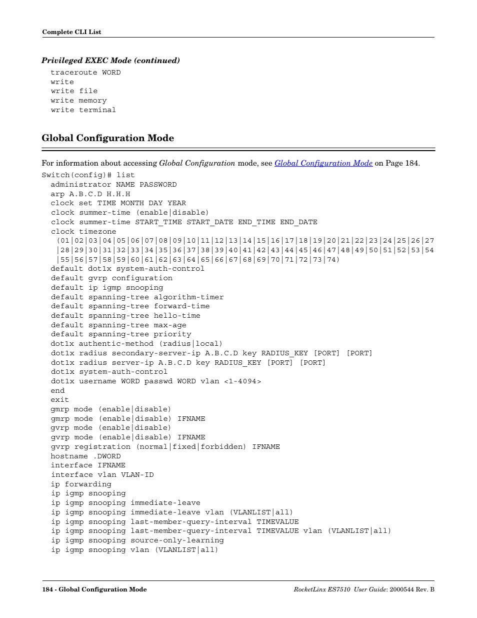 Global configuration mode | Comtrol ES7510 User Manual | Page 184 / 202
