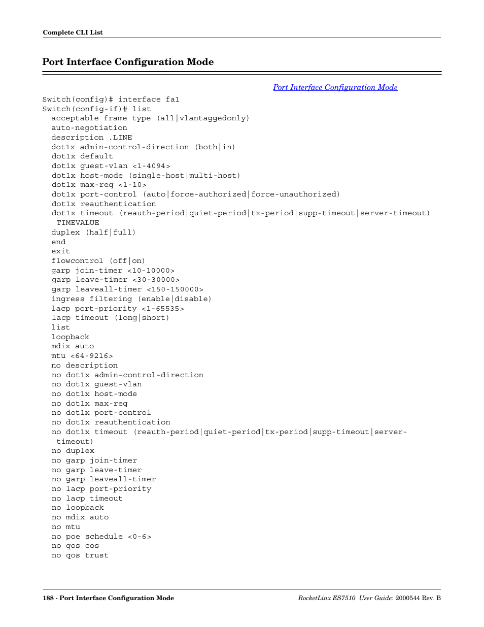 Port interface configuration mode | Comtrol ES7510 User Manual | Page 188 / 202