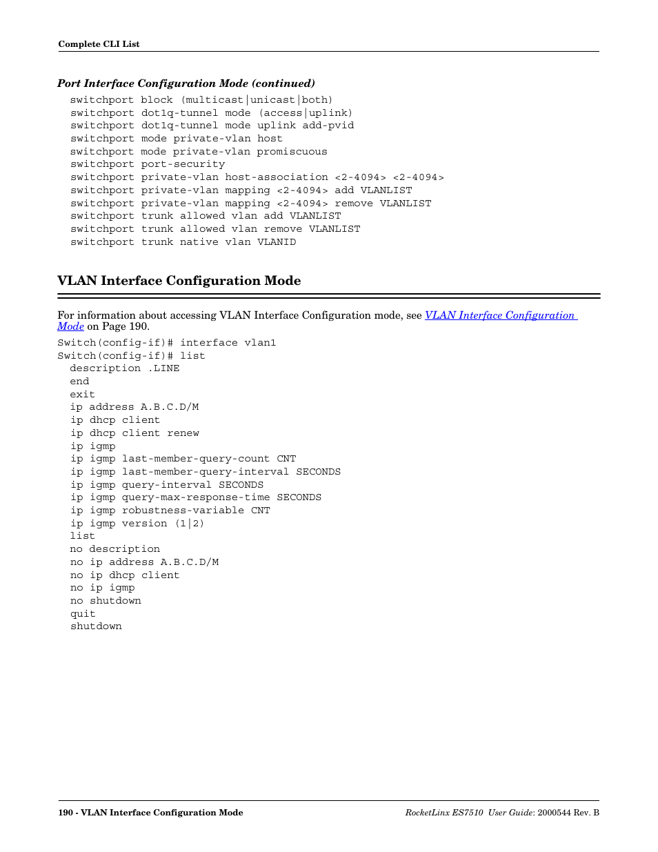 Vlan interface configuration mode, Refer to, Vlan interface | Configuration mode | Comtrol ES7510 User Manual | Page 190 / 202