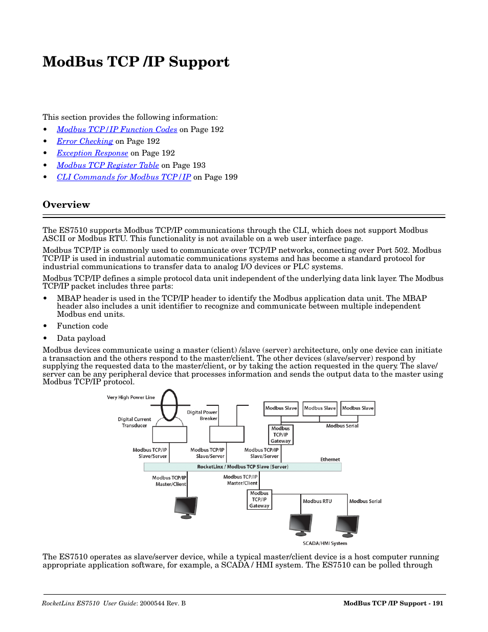 Modbus tcp /ip support, Overview | Comtrol ES7510 User Manual | Page 191 / 202