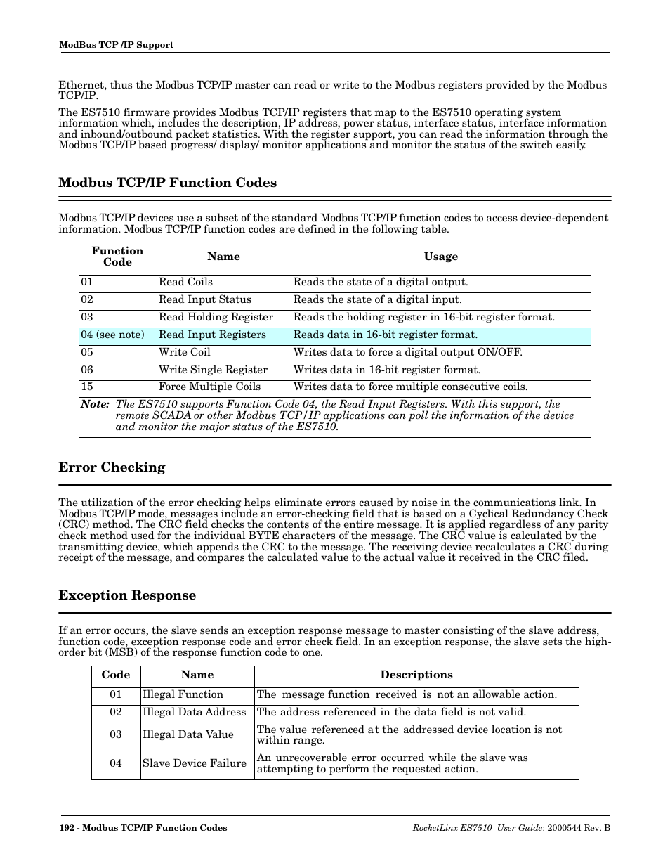 Modbus tcp/ip function codes, Error checking, Exception response | Comtrol ES7510 User Manual | Page 192 / 202