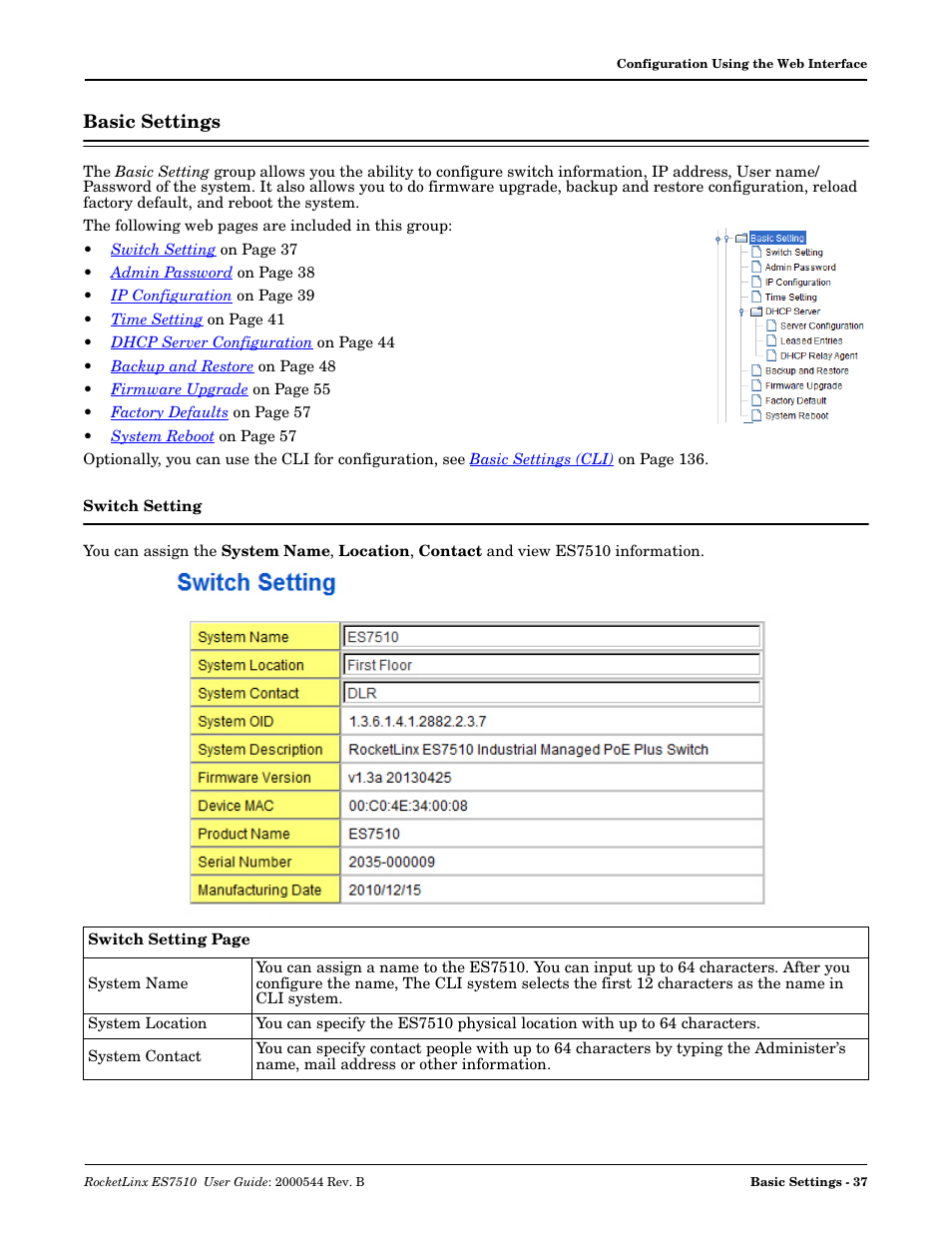 Basic settings, Switch setting | Comtrol ES7510 User Manual | Page 37 / 202
