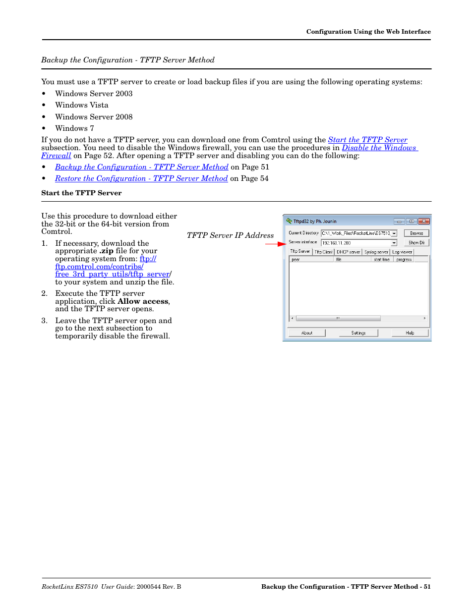 Backup the configuration - tftp server method, Backup the, Configuration - tftp server method | Backup the configuration - tftp, Server method | Comtrol ES7510 User Manual | Page 51 / 202