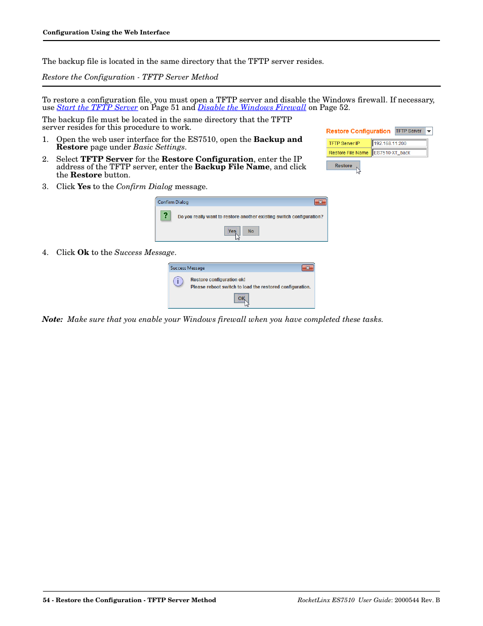 Restore the configuration - tftp server method, Restore the, Configuration - tftp server method | Comtrol ES7510 User Manual | Page 54 / 202