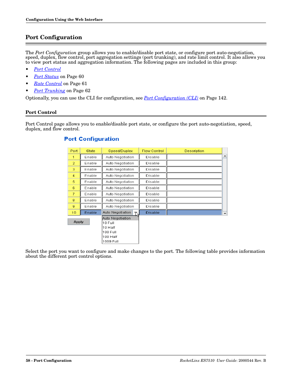 Port configuration, Port control | Comtrol ES7510 User Manual | Page 58 / 202