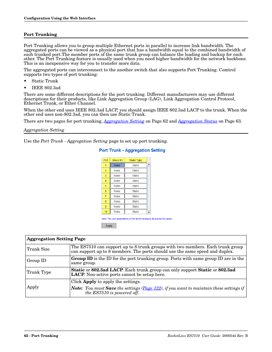 Port trunking, Aggregation setting | Comtrol ES7510 User Manual | Page 62 / 202