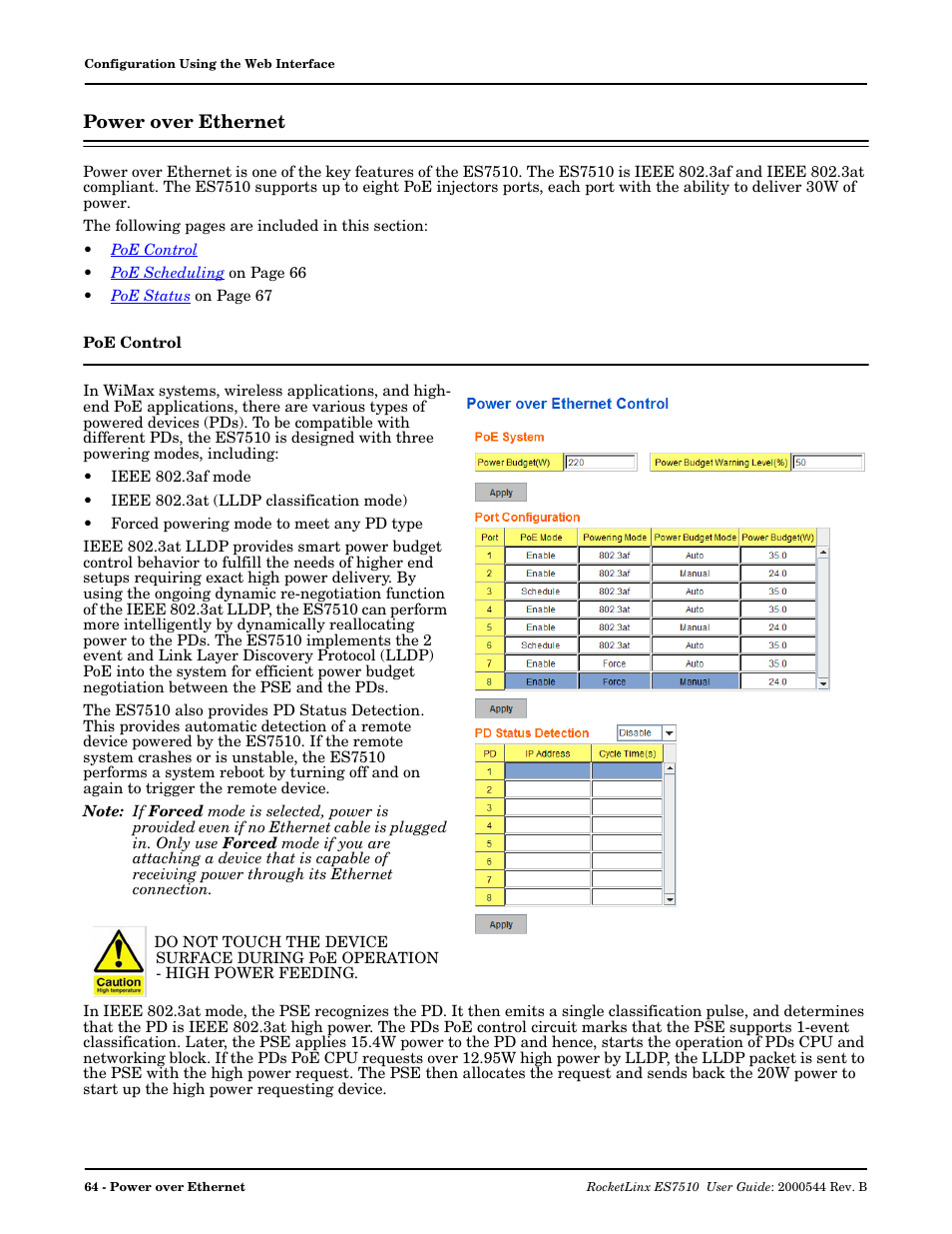 Power over ethernet, Poe control | Comtrol ES7510 User Manual | Page 64 / 202