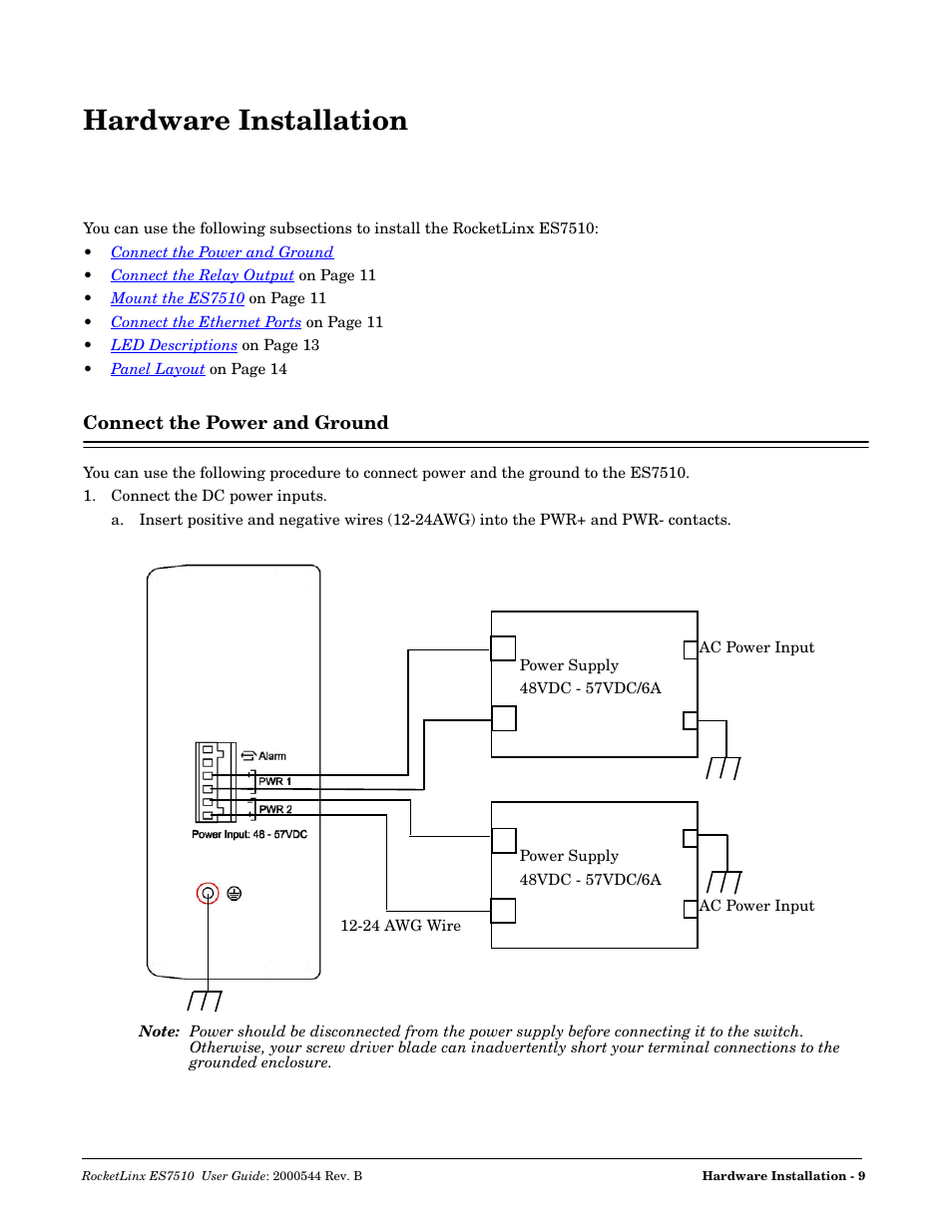 Hardware installation, Connect the power and ground | Comtrol ES7510 User Manual | Page 9 / 202